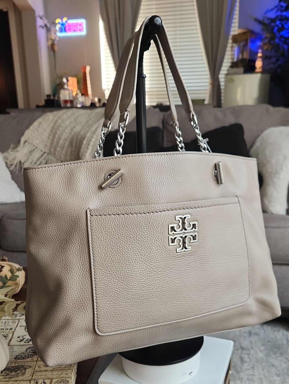 Tory Burch Britten Satchel / Slouchy Tote in French Gray Leather